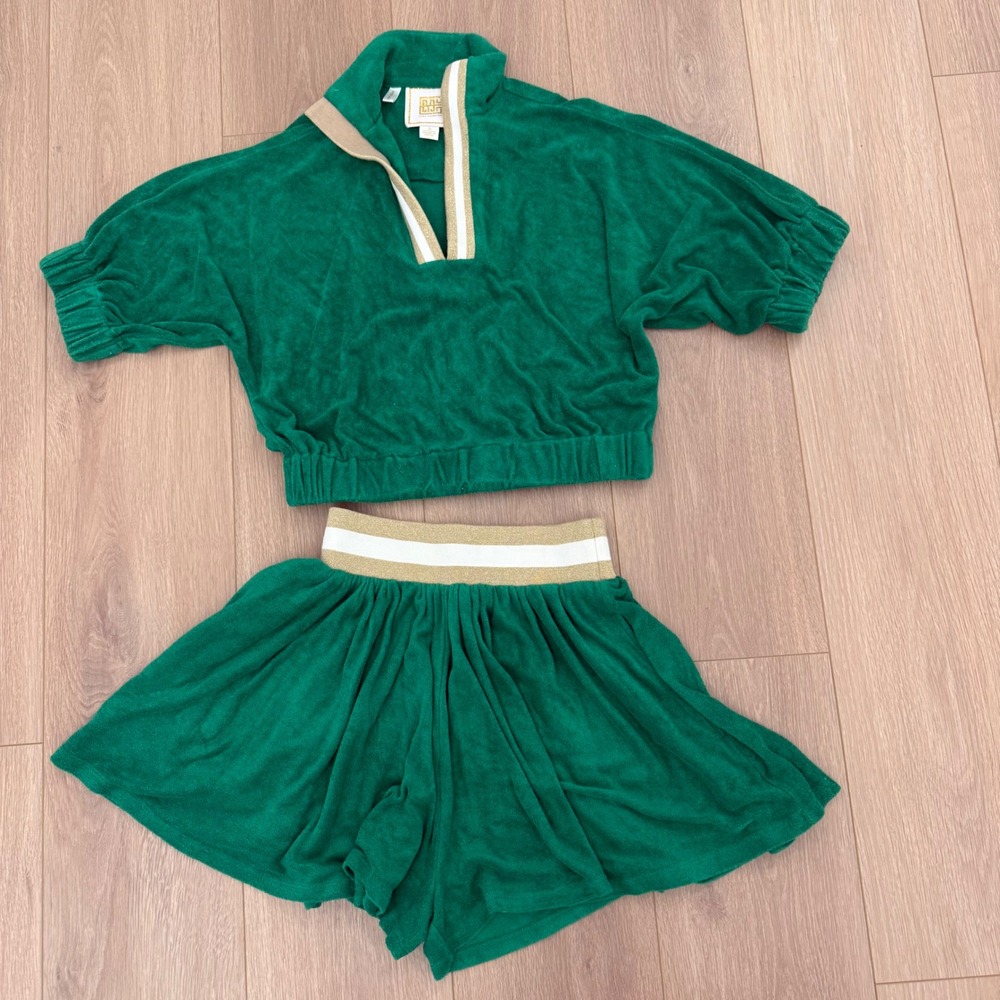 Emily McCarthy Green Terry Cloth Set Top S Shorts XS Gold Stripe Trim Pullover